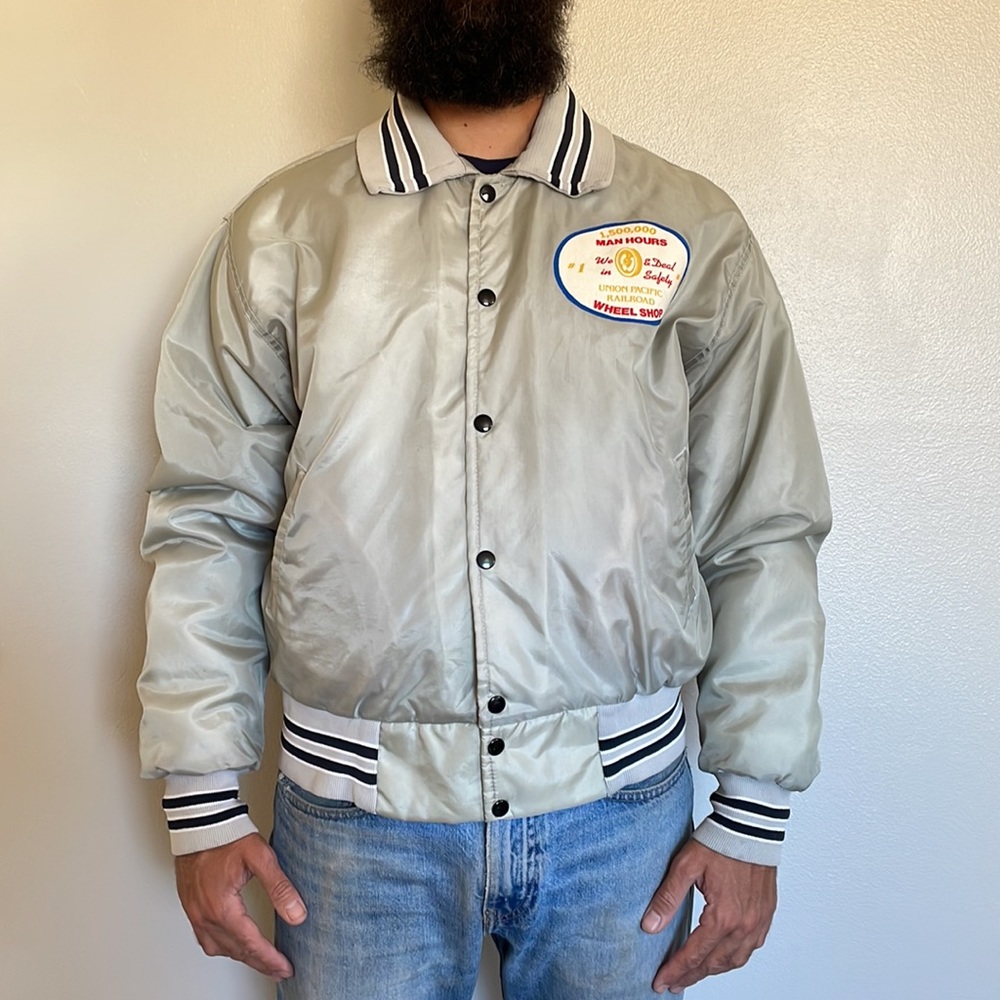 Vintage Union Pacific Railroad Tire Shop Mechanic Satin Bomber Jacket Large